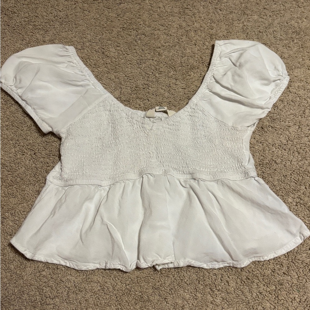 Aeropostale White Smocked Peplum Puff Sleeve Top